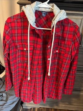 Forever 21 Red Plaid Hooded Shirt Jacket with Gray Hood which is removable